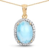 14K Yellow Gold Plated 13.55 Carat Genuine Larimar and White Topaz .925 Sterling Silver Pendant