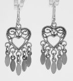 Antique Style Dangle Heart Earrings - Sterling Silver