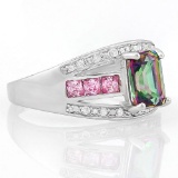 1 CARAT MYSTIC GEMSTONE & 1 CARAT (26 PCS) CREATED PINK SAPPHIRE 925 STERLING SILVER RING