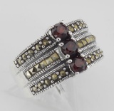 3 Stone Genuine Red Garnet and Marcasite Ring - Sterling Silver