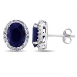 Oval Blue Sapphire and Halo Diamond Stud Earrings 14k W. Gold (5.70ct)
