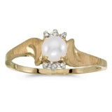 Certified 14k Yellow Gold Pearl And Diamond Satin Finish Ring 0.01 CTW