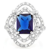 4.00 CT CREATED BLUE SAPPHIRE & 40PCS CREATED DIAMOND 925 STERLING SILVER RING