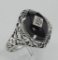 Art Deco Style Black Oynx Ring with Diamond Center - Sterling Silver