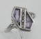 Unique Art Deco Style Amethyst & Diamond Filigree Ring - Sterling Silver