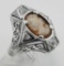 Hand Carved Italian Shell Cameo Filigree Ring with CZs - Sterling Silver