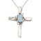 Aquamarine and Diamond Cross Necklace Pendant 14k White Gold
