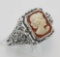 Hand Carved Italian Cameo / Onyx Filigree Flip Ring - Sterling Silver