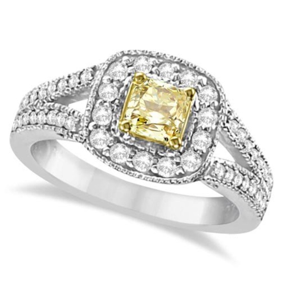 Yellow Diamond Radiant Millgrain-Edge Ring 14k White Gold (0.90 ct)