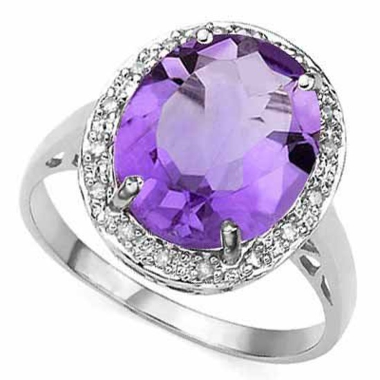 4 1/4 CARAT AMETHYST & DIAMOND 925 STERLING SILVER RING