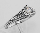 Beautiful Victorian Style CZ Solitare Filigree Ring - Sterling Silver