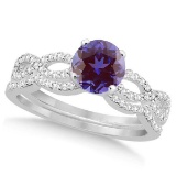 Infinity Style Alexandrite and Diamond Bridal Set 14k White Gold 1.29ct