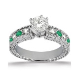 Antique Diamond and Emerald Engagement Ring 14k White Gold (1.52ct)