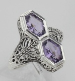 Art Deco Style Genuine Purple Amethyst Filigree Ring - Sterling Silver