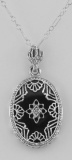 Beautiful Filigree Diamond Pendant w/ Black Onyx and Chain Sterling Silver