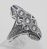 Art Deco Filigree Ring CZ / Sapphires Sterling Silver