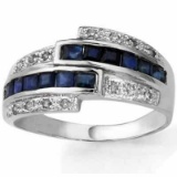 0.84 CT GENUINE SAPPHIRE & 2 PCS WHITE DIAMOND 0.925 STERLING SILVER W/ PLATINUM RING