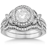 Butterfly Diamond Engagement Ring and Wedding Band 14k White Gold (1.28ct)