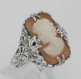 Hand Carved Italian Shell Cameo Filigree Ring - Sterling Silver