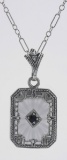 Art Deco Style Sapphire Diamond Crystal Pendant - Sterling Silver
