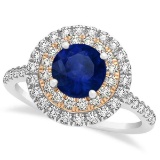 Double Halo Round Blue Sapphire Engagement Ring 14k Two-Tone Gold 1.42ct