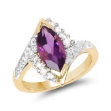 14K Yellow Gold Plated 1.77 Carat Genuine Amethyst and White Topaz .925 Sterling Silver Ring