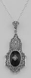 Art Deco Style Black Onyx Diamond Pendant with Chain - Sterling Silver
