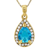 CREATED SWISS BLUE TOPAZ & FLAWLESS CREATED DIAMOND 18K GOLD PLATED GERMAN SILVER PENDANT