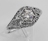 CZ Filigree Ring Art Deco Style w/ 4 Diamonds - Sterling Silver