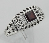 Classic Square Cut Genuine Red Garnet Filigree Ring - Sterling Silver