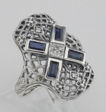 Art Deco Style Filigree Ring w/ Sapphire and 3 Diamonds - Sterling Silver