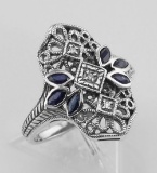 Filigree Ring w/ Sapphire 3 Diamonds - Sterling Silver