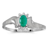 Certified 10k White Gold Oval Emerald And Diamond Satin Finish Ring 0.17 CTW