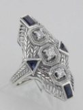 Art Deco Style Filigree Ring Genuine Sapphires & CZ - Sterling Silver