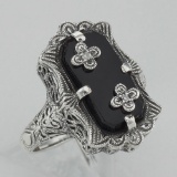 Victorian Style Black Onyx Ring with Diamond Flowers - Sterling Silver
