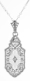 Sterling Silver Sunray Camphor Glass Filigree Pendant w/ Diamond