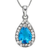 CREATED SWISS BLUE TOPAZ & FLAWLESS CREATED DIAMOND 18K GOLD PLATED GERMAN SILVER PENDANT