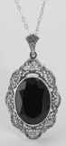 Art Deco Style Faceted Onyx Filigree Pendant - Sterling Silver