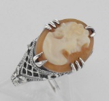 Antique Style Hand Carved Italian Shell Cameo Ring - Sterling Silver