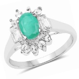 1.23 Carat Genuine Emerald and White Topaz .925 Sterling Silver Ring