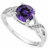 1 1/5 CARAT AMETHYST & (6 PCS) FLAWLESS CREATED DIAMOND 925 STERLING SILVER RING