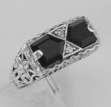 Art Deco Style Black Onyx Filigree Ring with 2 diamonds - Sterling Silver