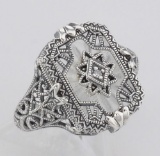 Victorian Style Camphor Glass Crystal Filigree Diamond Ring Sterling Silver