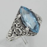 Antique Victorian Style Blue Topaz Filigree Ring - Sterling Silver
