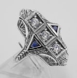 Filigree Ring w/ Sapphire / Crystals - Sterling Silver