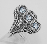 3 Stone Blue Topaz Filigree Ring - Sterling Silver