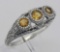 Art Deco Style Citrine Filigree Ring w/ 4 Diamonds - Sterling Silver