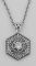 Art Deco Hexagon Filigree CZ Pendant w/ Adjustable Chain - Sterling Silver