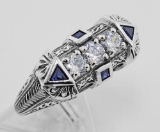 Sterling Silver Filigree Ring w/ Sapphires / CZ