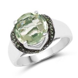 3.95 Carat Genuine Green Amethyst and Green Diamond .925 Sterling Silver Ring